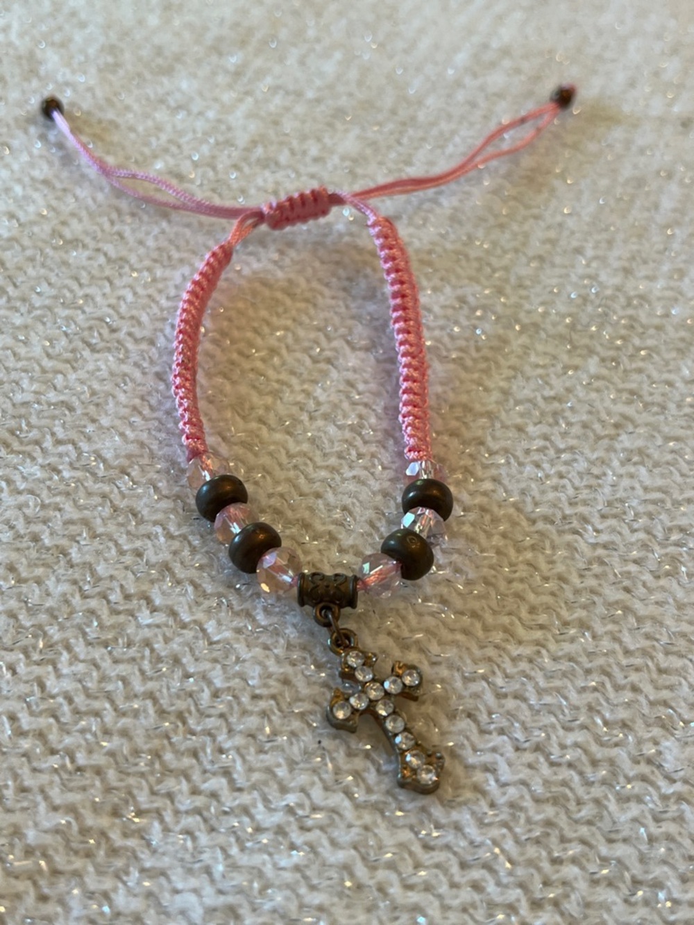 Pink Beaded Friendship Bracelet with Crystal Cross Charm
